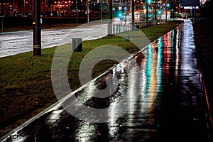 Night city with the reflection of the lights on the road after the rain