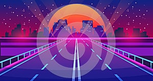 Night city road. Futuristic highway with neon lights and buildings, city of future urban landscape. Vector downtown
