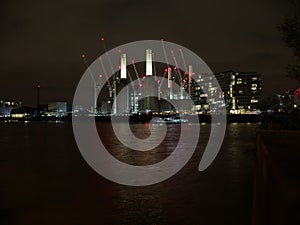 Night city skyline, River Thames, Battersea, London, UK