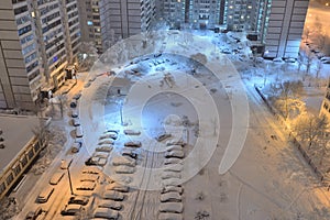 Night city after snowfall in Moscow, Russia