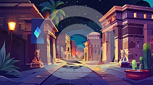 Night city street with cat statue and museum building. Cartoon modern illustration of Egyptian style restaurant entrance