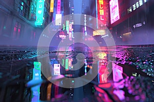 night city street with colorful neon lights, reflection in puddles and water, rainy foggy weather