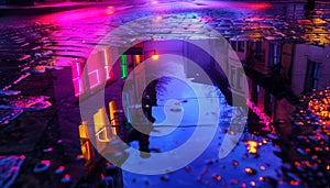 night city street with colorful neon lights, reflection in puddles and water, rainy foggy weather