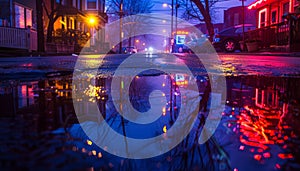 night city street with colorful neon lights, reflection in puddles and water, rainy foggy weather