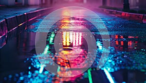 night city street with colorful neon lights, reflection in puddles and water, rainy foggy weather