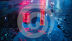 night city street with colorful neon lights, reflection in puddles and water, rainy foggy weather