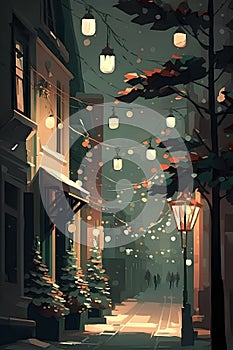 Night city street with lanterns, trees and lights. Vector illustration.