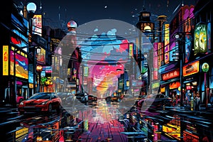 night city street, lights reflected after rain