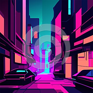 Night city street with neon lights. Vector illustration in a flat style AI Generated