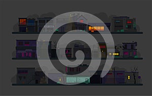Night city street. Set of architecture buildings. Flat vector graphics. A lot of buildings cafes, lanterns and various
