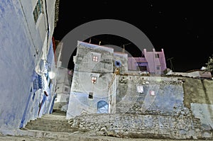 Night on city streets of Chefchaouen, Morocco