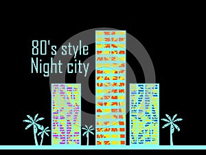 Night city in the style of the 80s. Houses with palm trees poster. Vector