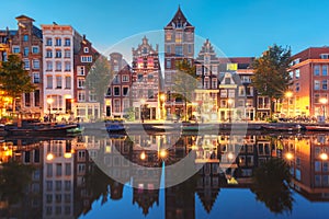 Night city view of Amsterdam canal Herengracht