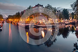 Night city view of Amsterdam canals