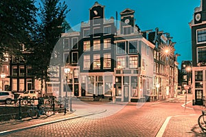 Night city view of Amsterdam houses