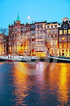 Night city view of Amsterdam, the Netherlands