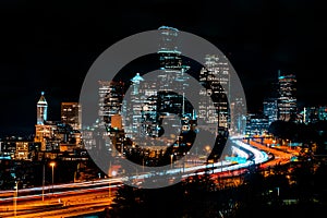 Night city view of Seattle city scape at night time,Long Exposure picture of Downtown Seattle,WA, USA