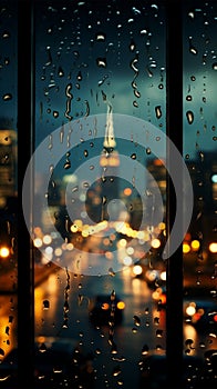 Night citys lights diffuse through glass, raindrops creating a dreamy backdrop