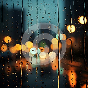Night citys lights diffuse through glass, raindrops creating a dreamy backdrop