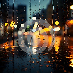 Night citys lights diffuse through glass, raindrops creating a dreamy backdrop