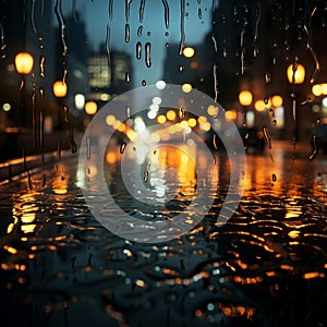 Night citys lights diffuse through glass, raindrops creating a dreamy backdrop