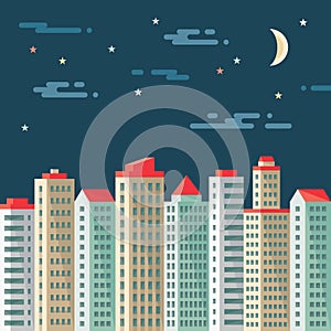 Night cityscape - abstract buildings - vector concept illustration in flat design style. Real estate flat illustration.