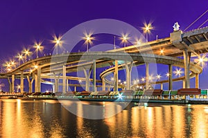 Night cityscape of Bhumibol Bridge, Chao Phraya River, Bangkok, Thailand