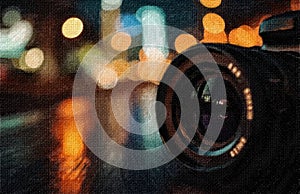 Night cityscape and camera lens illustration.