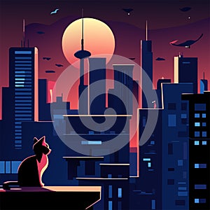 Night cityscape with a cat. Vector illustration in flat style. Generative AI