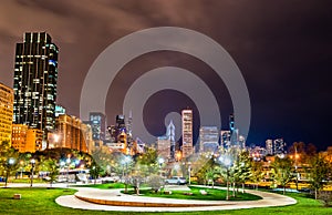 Night cityscape of Chicago at Grant Park in Illinois, United States