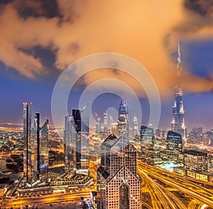 Night cityscape of Dubai with modern futuristic architecture , United Arab Emirates