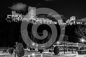 Night cityscape of Granada, Spain, with the Alhambra Palace view