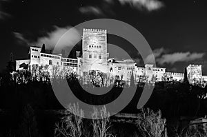 Night cityscape of Granada, Spain, with the Alhambra Palace view