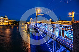 Night cityscape, Hermitage, river and bridge in Saint-Petersburg