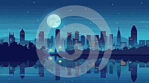 Night cityscape illustration featuring skyline, full moon, starry sky, building reflections water