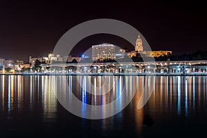 Night Cityscape In The Marina Bay Port Of Malaga