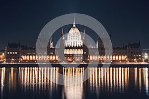 Night cityscape of the Parliament building on the Danube riverbank in central Budapest capital of Hungary