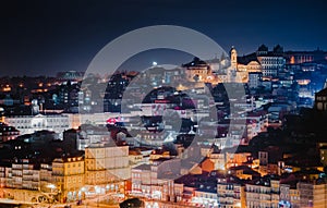 Night cityscape of Porto of a Ribeira area top view