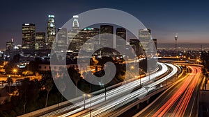 night cityscape skyline view of downtown Los Angeles style western city, neural network generated photorealistic image