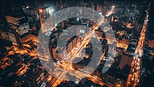 Night cityscape with skyscrapers, city life, and aerial view Architecture at dusk, urban skyline, and traffic generated