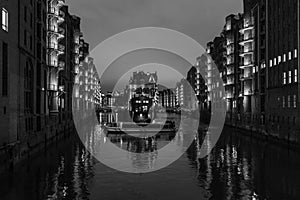 The night cityscape in Speicherstadt of Hamburg