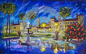 Night cityscape urban Oil painting Flagler College, Ponce de Leon Hotel, St. Augustine, Florida