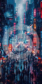 Night cityscape with vibrant neon lights, a bustling crowd, and rain creating a moody atmosphere photo