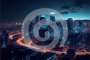 Night cityscape with visualized digital network . Ai generative