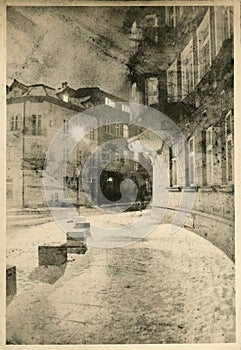 Winter night city walk in old part of Gdansk. Lith print.