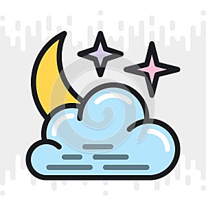 Night cloudy icon for weather forecast application or widget. Moon and stars in the night sky behind the clouds. Color