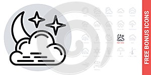 Night cloudy icon for weather forecast application or widget. Moon and stars in the night sky behind the clouds. Simple