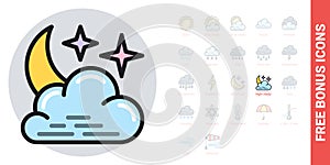 Night cloudy icon for weather forecast application or widget. Moon and stars in the night sky behind the clouds. Simple