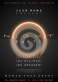 Night club dance party music cover poster design template, glow light ring on black background with blured glass. Circle neon