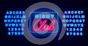 Night club neon emblem. Disco advertising. Shiny blue alphabet. Dance party sign. Vector stock illustration